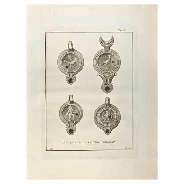 Ferdinando Campana, Oil Lamps with Cupid and Animals, Etching, 18th Century For Sale