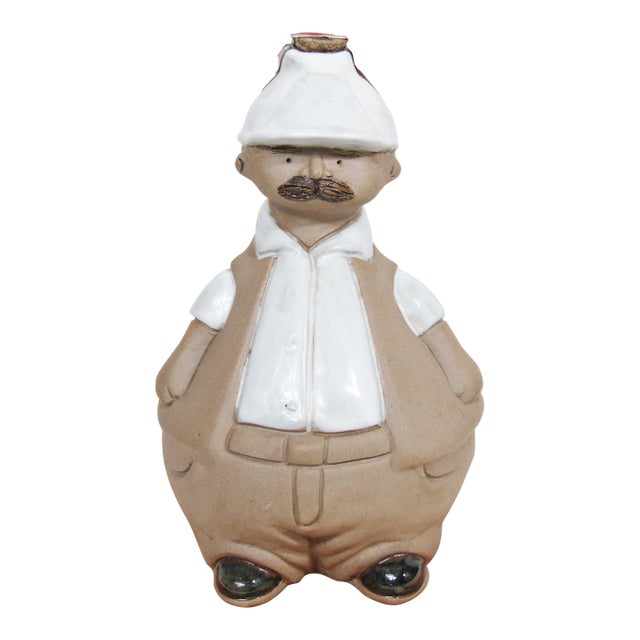 Large Mexican Figurative Ceramic Decanter on Wood Base, C. 1970s For Sale