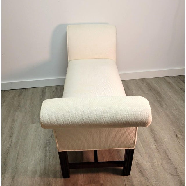 Upholstered Scroll Arm Bench in Cream Textured Fabric With Mahogany Base For Sale In Raleigh - Image 6 of 8