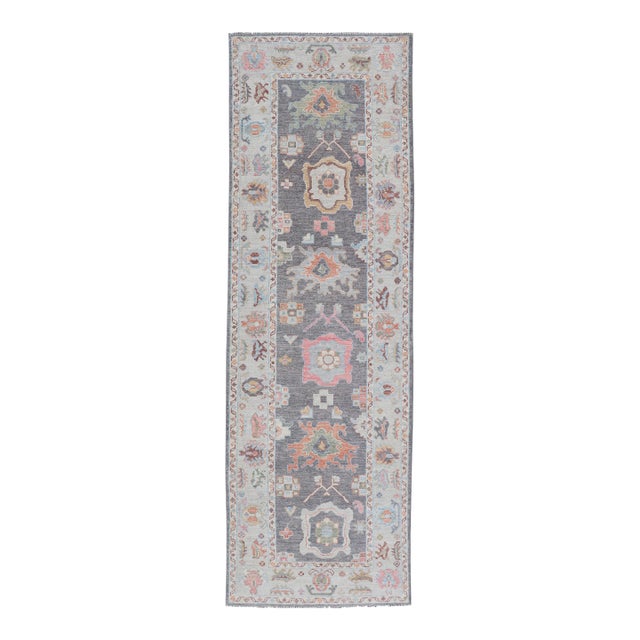 Hand Knotted Afghan Oushak Designed Runner With Gray Background For Sale