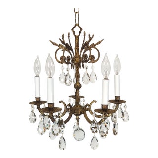 Antique 5 Light Adorable Dainty Petite Brass Cut Lead Glass Crystal Chandelier For Sale