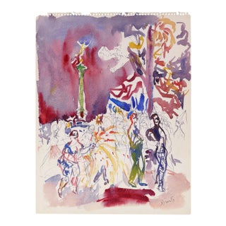 Place de la Bastille - Original China Ink and Watercolor - 1930s 1930s For Sale