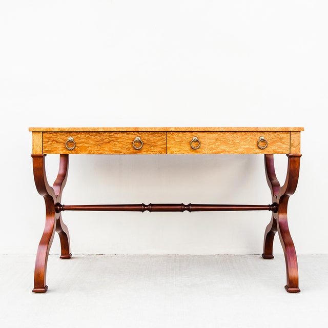 1980s Restored Burl & Brass Vintage Regency Writing Desk by Baker For Sale - Image 5 of 15