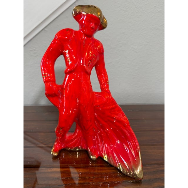 Large Pair of 1950s MCM Glossy Firehouse Red and Gilded Kt Gold Paint Accents Ceramic Fighting Bull and Matador Figurines For Sale - Image 12 of 12