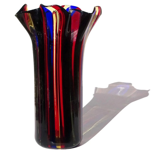 Mid-Century Modern Vintage Murano Oggetti Label Red Blue Yellow Black Gray Bands Italian Art Glass Tall Fazzoletto Flower Vase For Sale - Image 3 of 7