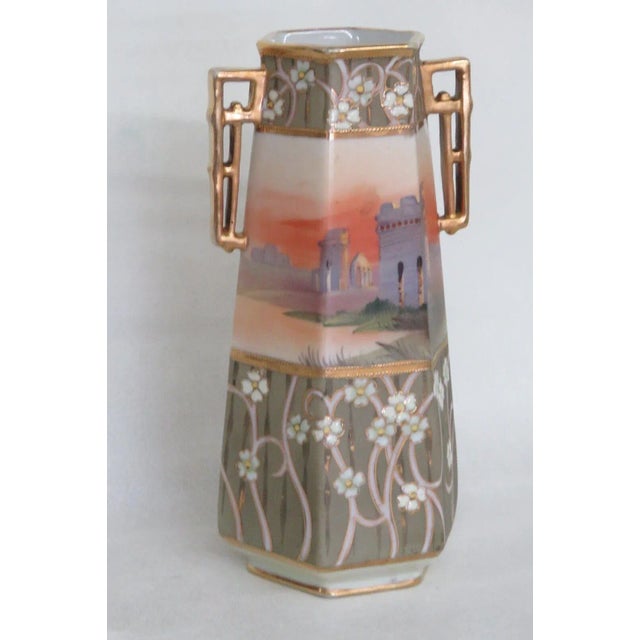 Nippon Hand Painted Hexagonal Vase With Two Gilded Handles For Sale - Image 13 of 13