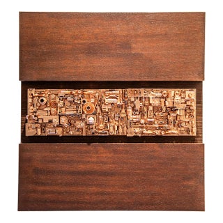 Assemblage 102” – Mixed Media Wall Sculpture in Sapele and Copper-Toned Industrial Elements, 13.5” X 14” For Sale