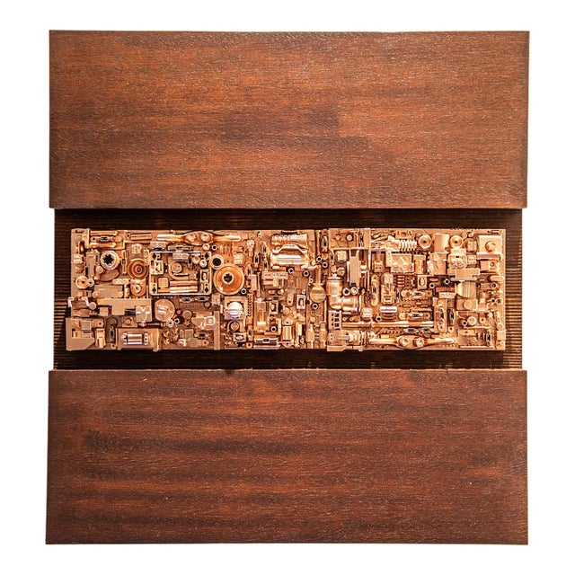 Assemblage 102” – Mixed Media Wall Sculpture in Sapele and Copper-Toned Industrial Elements, 13.5” X 14” For Sale