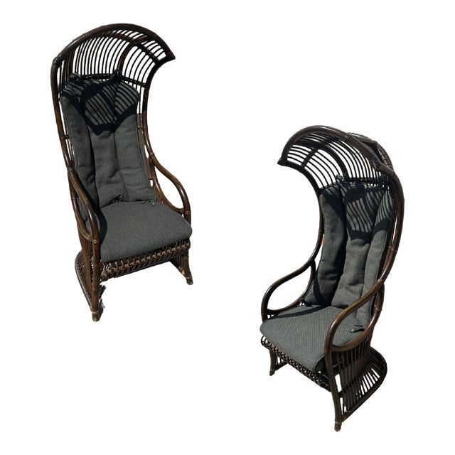 1950s Restored Mid-Century Dark Stained Rattan Canopy Chair, Pair For Sale