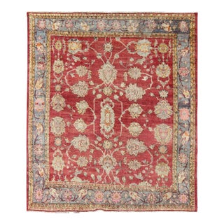 Early 20th Century Antique Turkish Oushak Rug in Red Blue/Gray Border L. Green Yellow & Pink For Sale