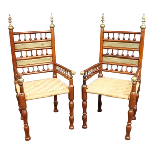 Mid Century Modern Stick & Ball Cherry & Brass Armchairs/Pair