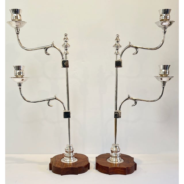 English Pair of English Sheffield Plate Adjustable Candle Holders on Wood Bases-Circa 1890 For Sale - Image 3 of 12