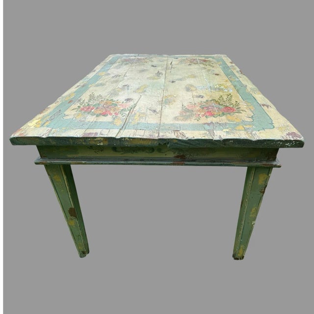 Wood Vintage Primitive French Country Style Floral Paint Decorated Dining Table For Sale - Image 7 of 10