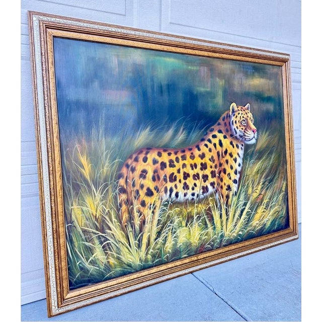 1980s Large Framed Oil Painting of a Leopard in the Wild by C. Benlot – 42" X 54" For Sale - Image 11 of 12