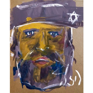 Outsider Folk Art Expressionist Rabbi Israeli Painting Signed Hebrew Jewish Star For Sale