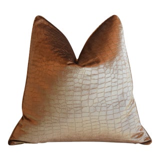 Shimmering Coppery-Gold Alligator Crocodile Velvet Feather/Down Pillow 22" Square For Sale
