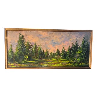 Italo Bigatti, Pine Forest at Sunset, Oil on Hardboard, 1981, Framed For Sale