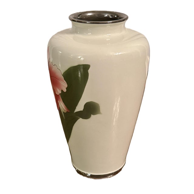Mid-Century Modern Cloisonné‑Style Porcelain Vase With Silver Trim For Sale - Image 3 of 7