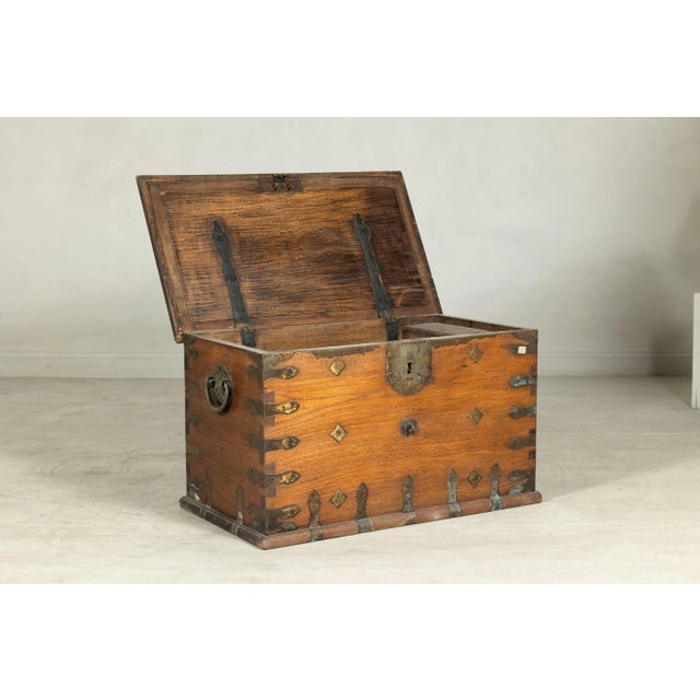 Antique Wood Trunk with Ornamental Metalwork and Brass Hardware For Sale - Image 10 of 12