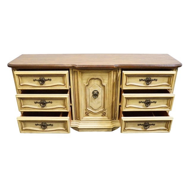 Wood Stanley Furniture Solid Pecan Antiqued Yellow Cream Painted Mediterranean 73" Triple Door Dresser 4723-05 For Sale - Image 7 of 15