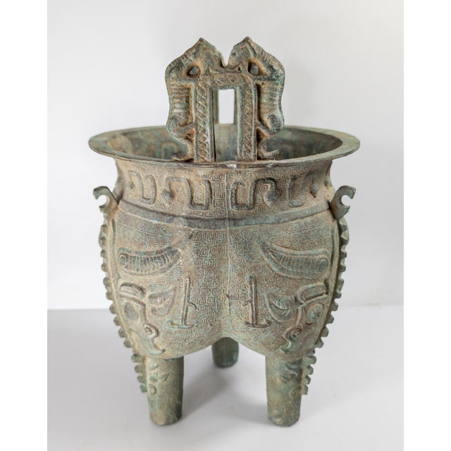 20th Century Chinese Verdigris Brass Ding Ritual Bronze Form Vessel For Sale In New York - Image 6 of 18