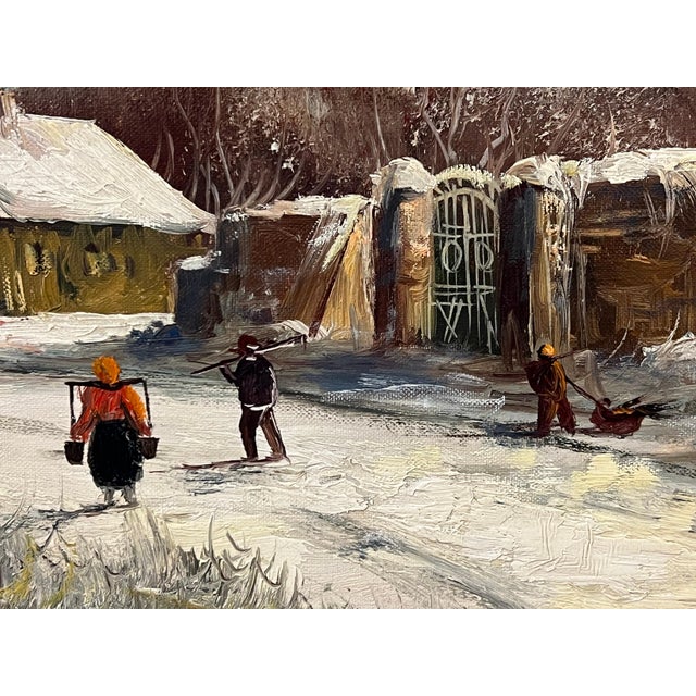 Textile European Village in Winter Snow with Figures & Frozen Pond by German Artist 1972 For Sale - Image 7 of 18