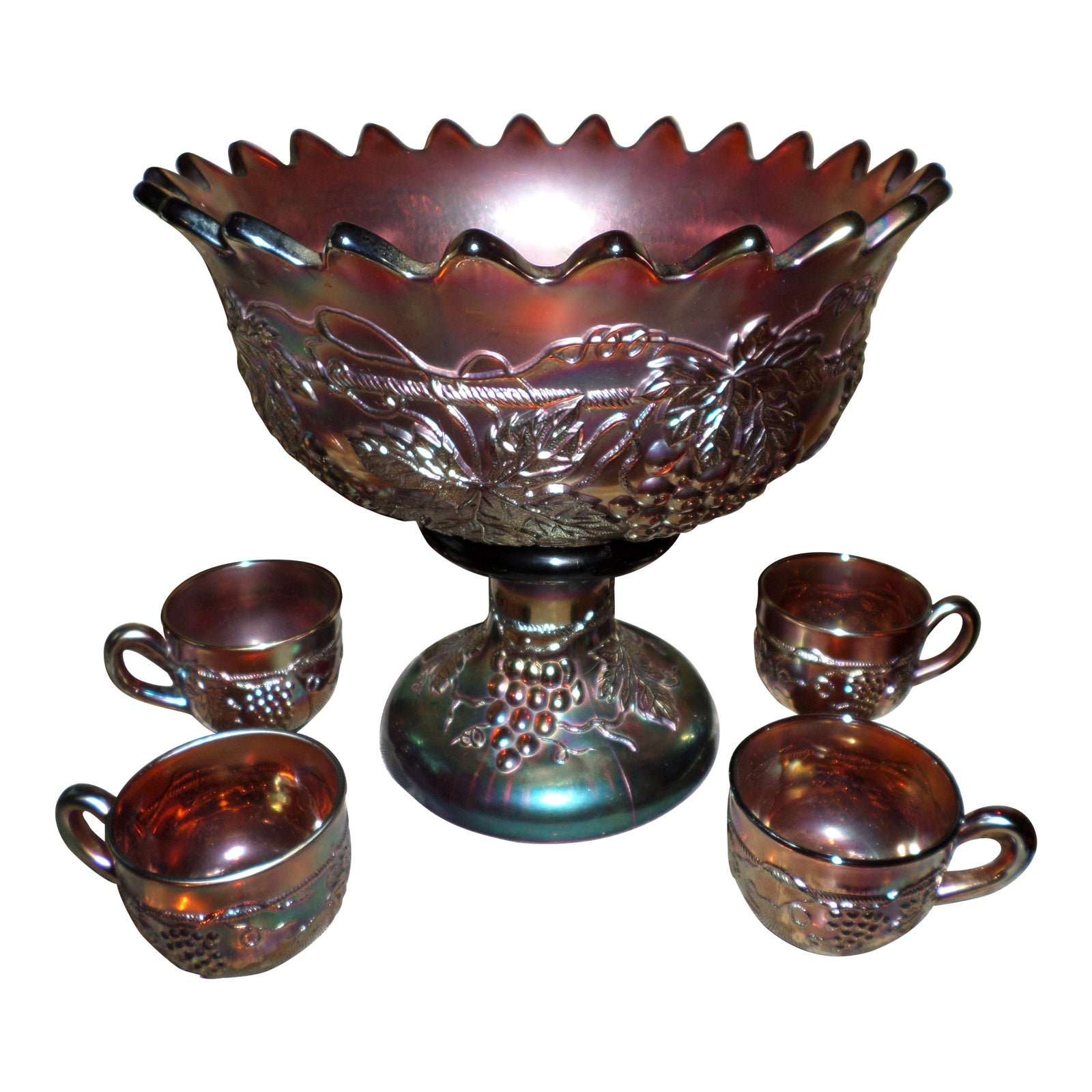 Northwood Carnival Glass Punch Bowl Grape & Cable & 4 Matching Cups 6