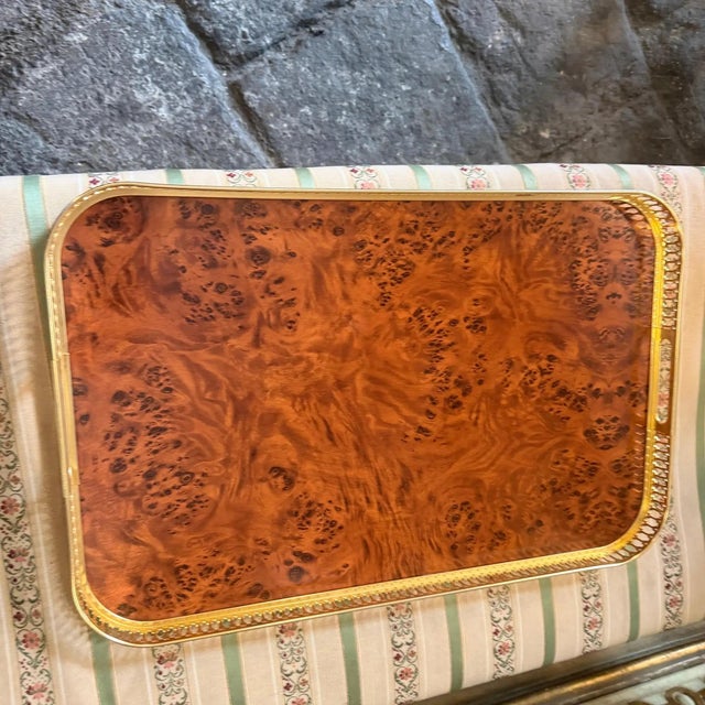 1980s Victorian Style Faux Walnut Root Formica and Brass Tray by Mb Italy For Sale - Image 12 of 12
