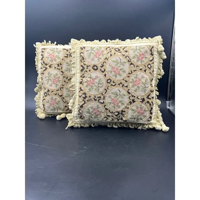 Shabby Chic Artisanal Floral Needlepoint Accent Pillows With Ornate Tassels-Set of 2 For Sale - Image 3 of 18