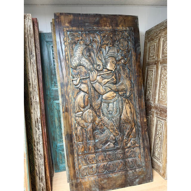1920s Krishna Carved Wall Panel Barn Door Brown Reclaimed Wood Home Wall Art 84x41 For Sale - Image 5 of 7