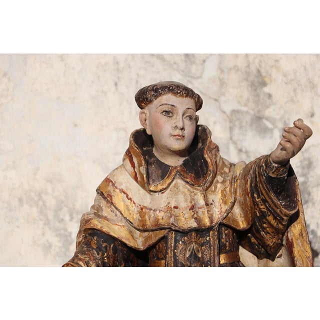 Wood Saint Dominic of Guzmán Kneeling, With Glass Eyes and the Carmelite Shield, 18th Century, Portuguese For Sale - Image 7 of 17