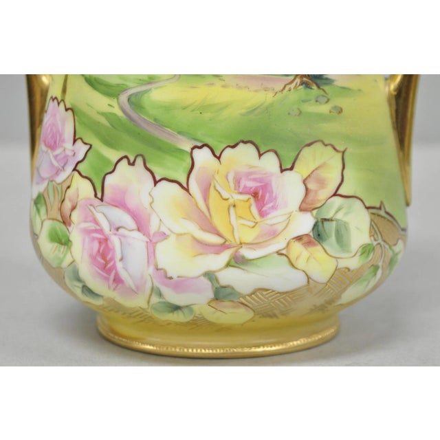 Early 20th Century Antique Nippon Hand Painted Porcelain Twin Handle Vase W /Flowers & Lake Scene For Sale - Image 5 of 15