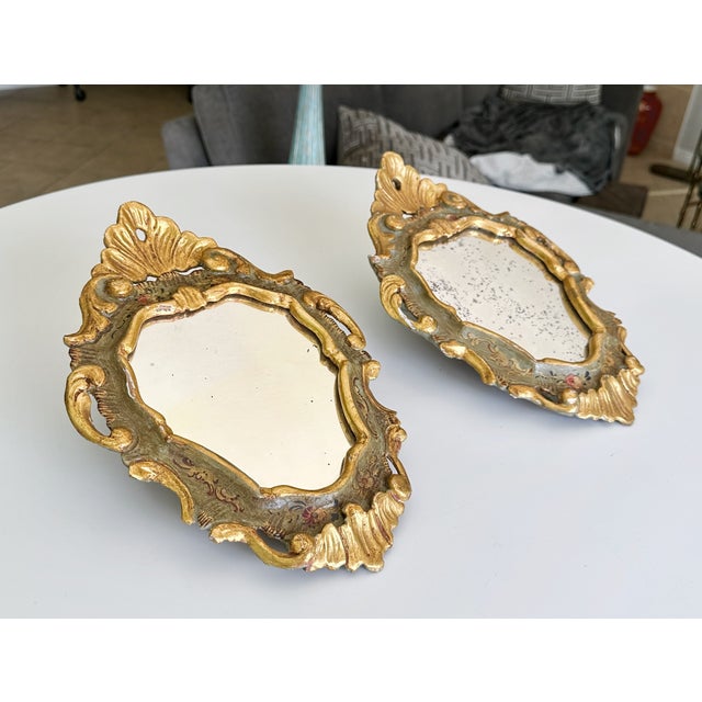 Pair Italian Venetian Painted Gilt Wood Wall Mirror, 1960s For Sale - Image 4 of 16
