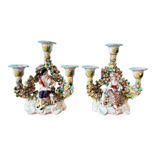 Antique German Brocage 18th Century Floral Pastoral Porcelain Seated Musician Candelabra Pair by Hoechst (Hochst) For Sale