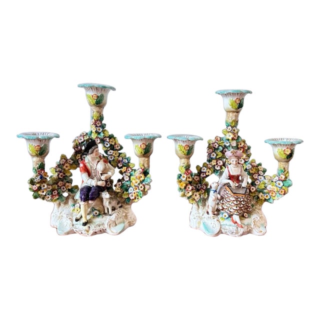 Antique German Brocage 18th Century Floral Pastoral Porcelain Seated Musician Candelabra Pair by Hoechst (Hochst) For Sale