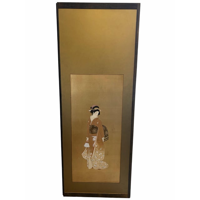 This striking, large vintage Japanese wall panel showcases an elegant bijinga (portrait of a beautiful woman) beautifully...