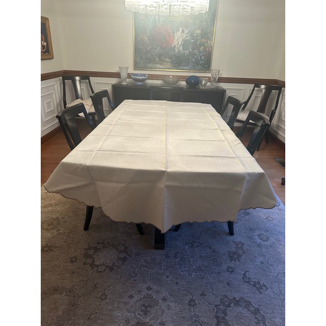 Vintage 100% Linen Tablecloth With Hand Embroidered Scalloped Edge From Portugal For Sale - Image 4 of 6