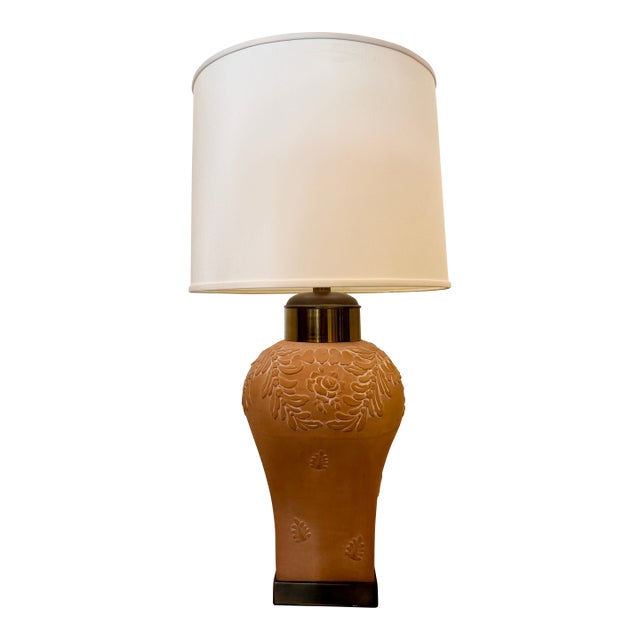 1980s Cottage Style Terracotta & Brass Table Lamp For Sale