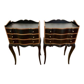 Pair of French Ebonized Black and Gold Nightstands For Sale