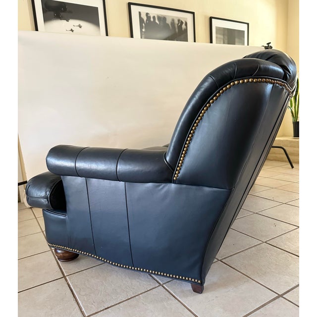Mid 20th Century Vintage Navy Blue Leather Regency Sofa | Tufted Curved Front, Brass Nailhead Trim For Sale - Image 5 of 12