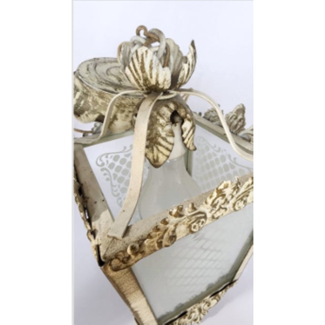 1940s Vintage Tole and Etched Glass Panel Pendant Lantern For Sale - Image 5 of 12