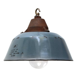 Vintage Industrial Grey Enamel Pendant Light in Cast Iron and Clear Glass For Sale