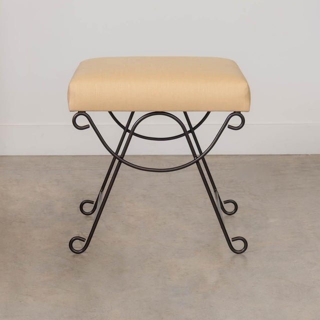 French Panoplie Iron Loop Stool, Yellow Linen For Sale - Image 3 of 10