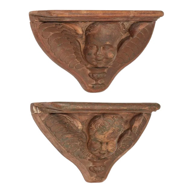 Pair of 19th Century Continental Baroque Carved Wood Cherub Brackets For Sale