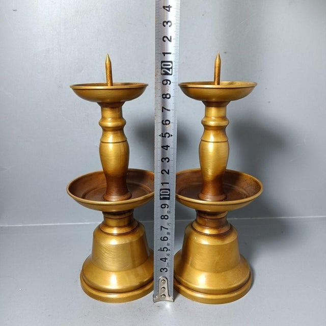 Mid 20th Century Pair of Vintage Solid Brass Altar Candlesticks With Drip Pans & Spikes For Sale - Image 5 of 6