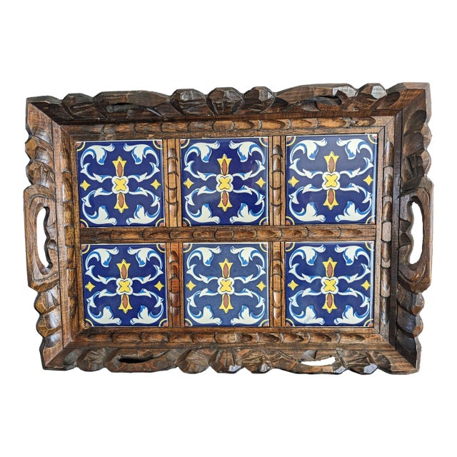 Mid-Century Wood & Tile Handled Tray For Sale