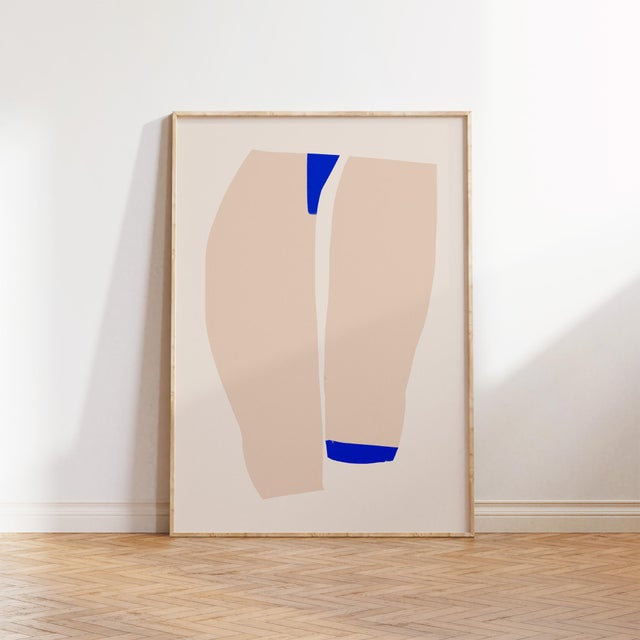 Open edition giclee print by artist Anna Pepe. 20"x28" Elegant beige and vivid blue geometrical objects on beige...