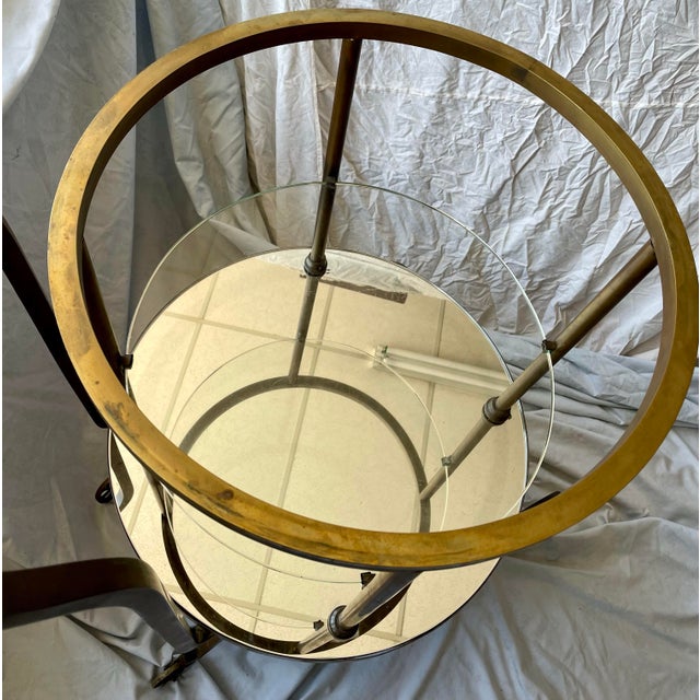 Brass Early 20th Century Italian Rotating Round Brass & Glass Bar/Desert Cart Trolley Removeable Tray For Sale - Image 8 of 12