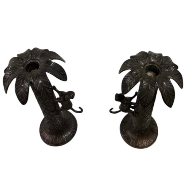 Hollywood Regency Pair of Vintage Cast Metal Palm Tree & Climbing Monkey Candlesticks For Sale - Image 3 of 12