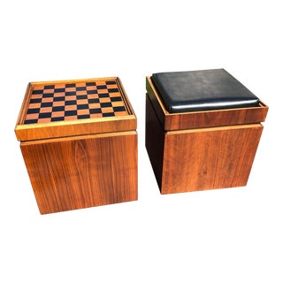 Mid Century Lane Walnut Game Cube Storage Ottomans - a Pair For Sale